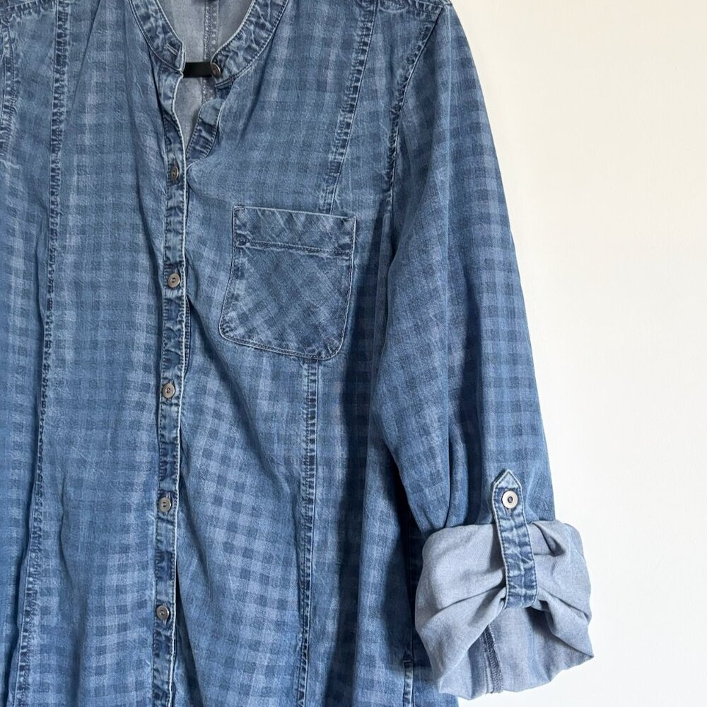 J. Jill Chambray Denim Checkered Shift Shirt Dress Size Medium - Picture 5 of 10